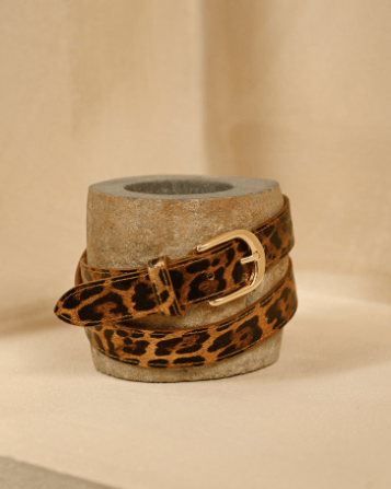 Panterprins leren riemen met gouden hardware om stenen statief